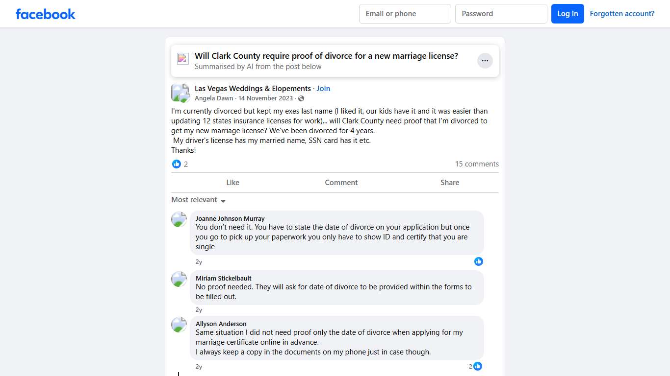 Las Vegas Weddings & Elopements I'm currently divorced but kept my exes last name (I liked it, our kids have it and it was easier than updating 12 states insurance licenses for work)... Facebook
